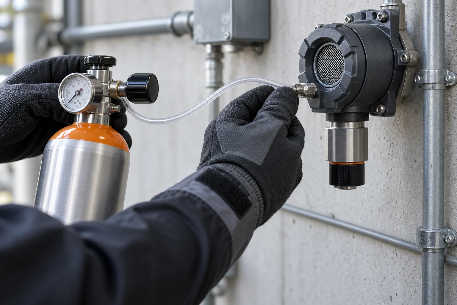 Gloved hands connecting certified test-gas tubing to a fixed gas sensor