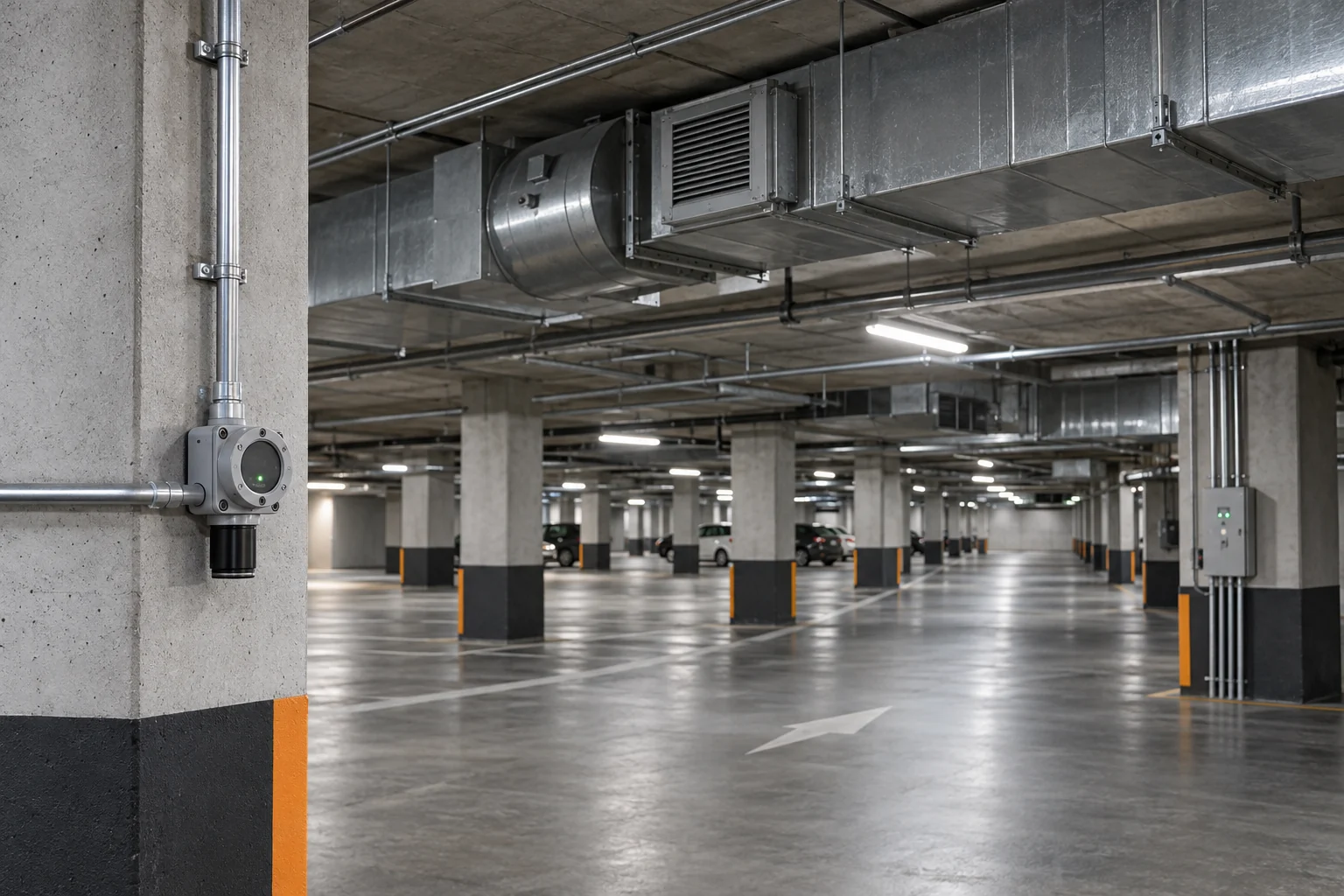 Fixed gas detection equipment integrated into a modern underground parkade