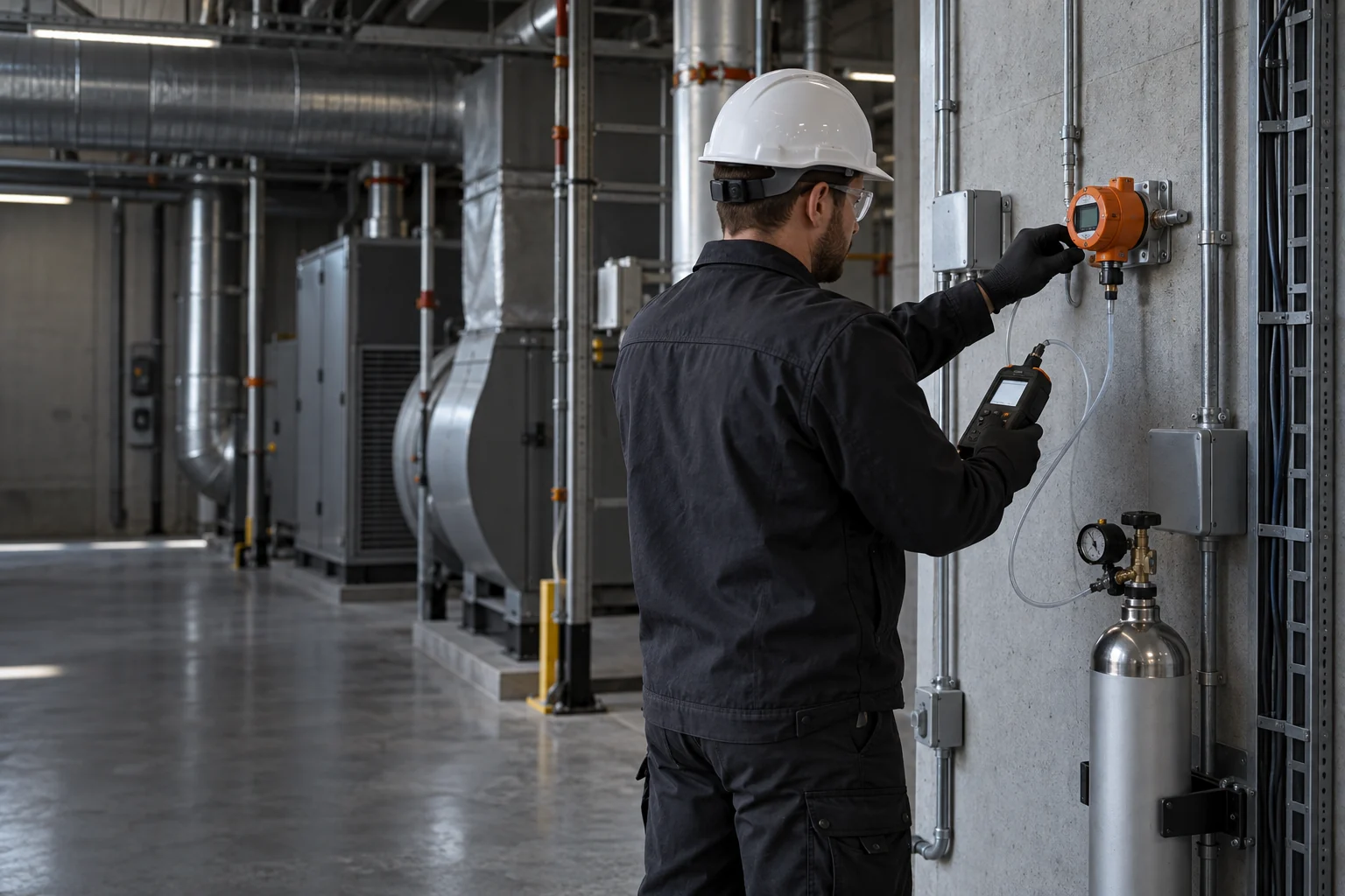 Technician calibrating a fixed gas detector in an industrial mechanical room